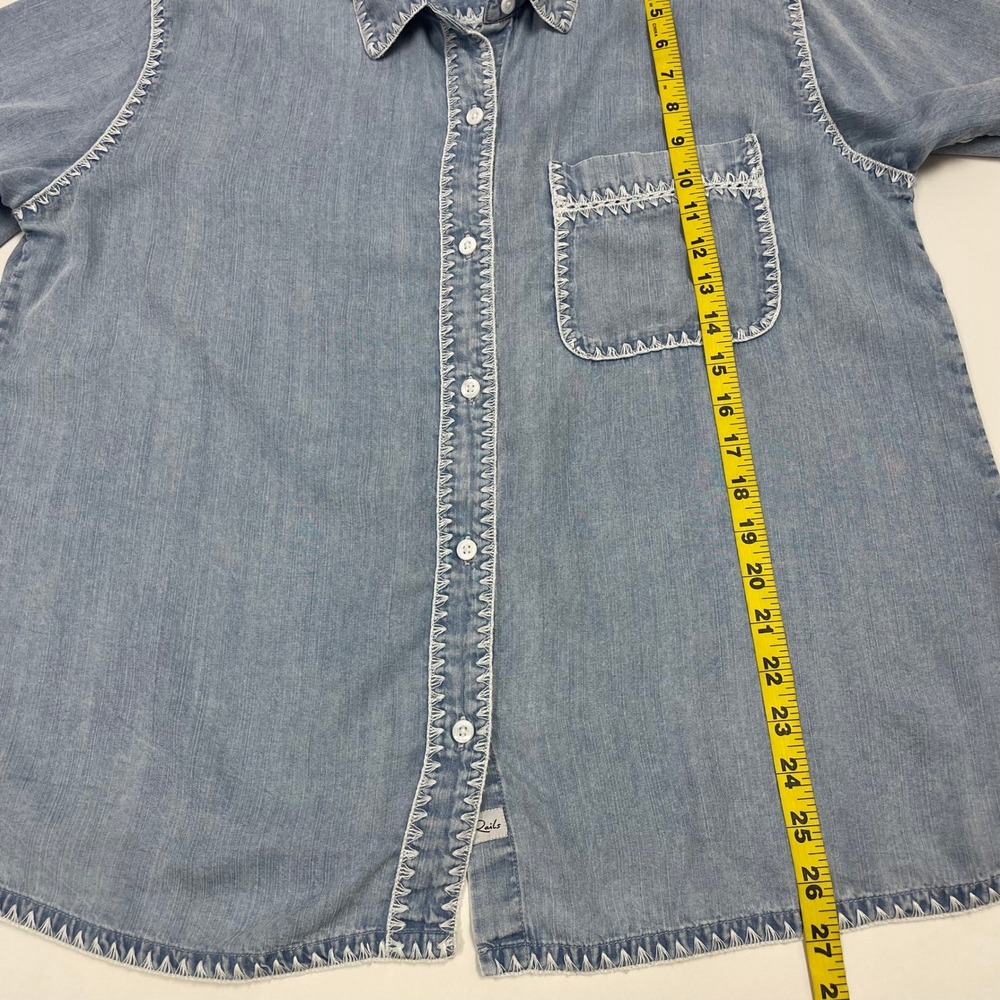 Rails Lea Denim Shirt L Short Sleeve Blanket Stitch Blue Medium Cloud Wash - Picture 15 of 16